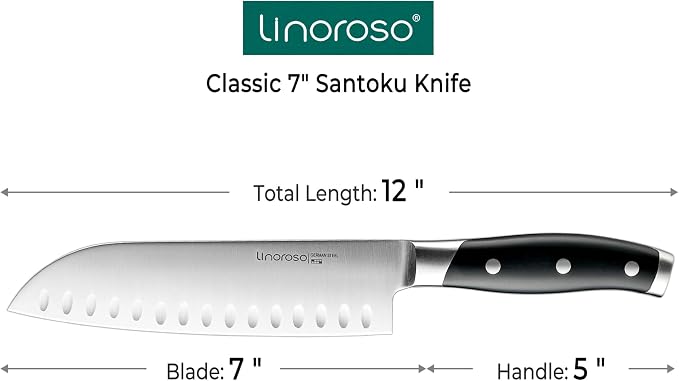 linoroso Santoku Knife 7 inch Meat Kitchen Asian Chef Knife, German High Carbon Stainless Steel Chopping Knife with Full Tang Ergonomic Handle for Home Kitchen and Restaurant