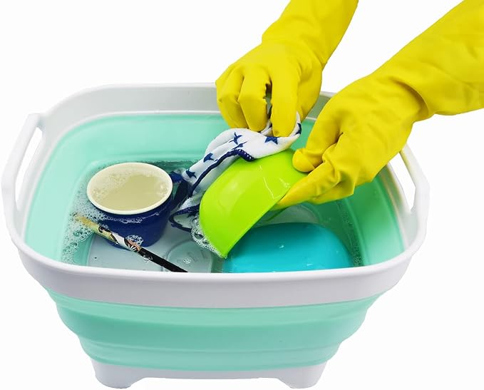 SAMMART 7.5L (2 Gallons) Collapsible Dishpan with Draining Plug - Foldable Washing Basin - Portable Dish Washing Tub - Space Saving Kitchen Storage Tray (White/Light Green, 1)