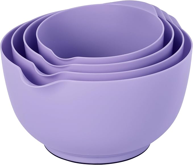 BoxedHome Mixing Bowls Set of 4, BPA Free Plastic,Microwave Safe, Purple | 4.5/3.5/2.5/1.7 quarts,Non-slip Base Large Nesting Bowl with Pour Spout, Dishwasher Safe, for Prep, Cooking,Baking
