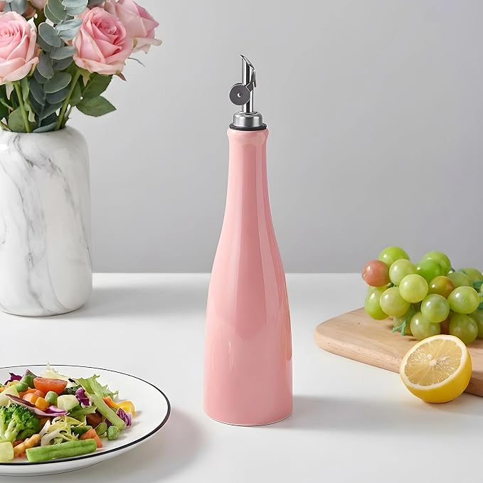 YOLIFE Olive Oil Dispenser Bottle, 15oz Ceramic Oil Dispenser for Kitchen | Oil Bottle with Gravity Spout, Leak Proof EVOO Dispensing Bottle with 2 Spouts and 1 Funnel for Vinegar, Juice(Red)