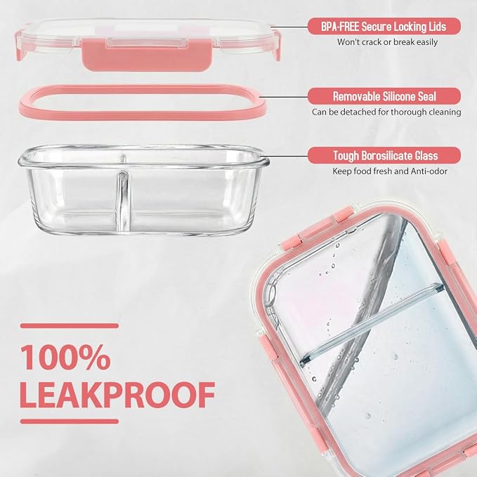 AMALEKO 42pcs Glass Food Storage Containers with Lids Set, 21 Containers & 21 Lids Glass Meal Prep Containers with Snap Locking Lid Set, Leak Proof Lunch Container BPA-Free,Pink
