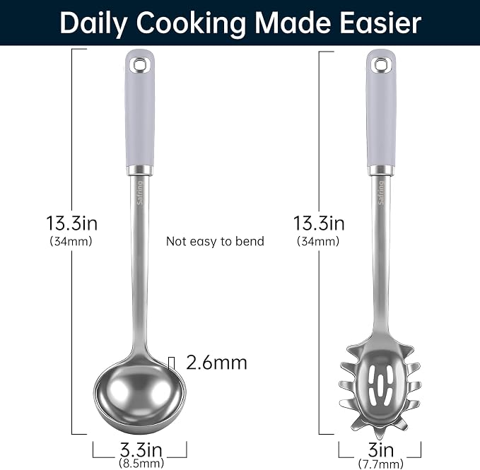 Safring Stainless Steel Soup Ladle and Spaghetti Spoon Set, Heat Resistant Rubber Handle, Dishwasher Safe, Kitchen Utensils for Cooking, Stirring, Serving Pasta, Soup & Sauce (Lavender)