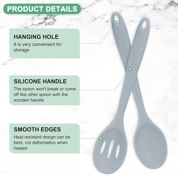 M METERXITY 2-Pack Silicone Spoons for Cooking, 10.6" Mixing Nonstick Slotted and Solid Serving Spoons Heat Resistant Utensils Spoons for Kitchen/Cooking/Baking/Stirring Mixing Tools [Grey]