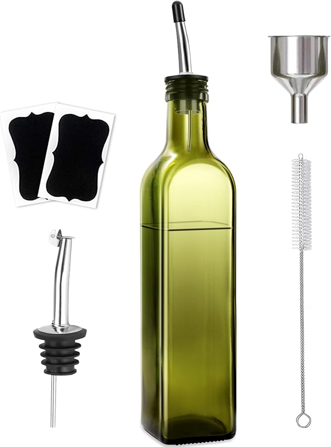 Leaflai Olive Oil Dispenser Bottle, 1 Pcs Green Glass Olive Oil Dispenser and Vinegar Dispenser Set with 2 Stainless Steel Pourers, 2 Labels,1 Brush and 1 Funnel Oil Bottles for Kitchen (500ml)
