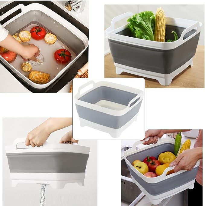 Collapsible Dish Pans for Washing Dishes 9L Portable Wash Dish Basin Foldable Laundry Tub with Drain Plug for Kitchen Sink Camping RV Accessories