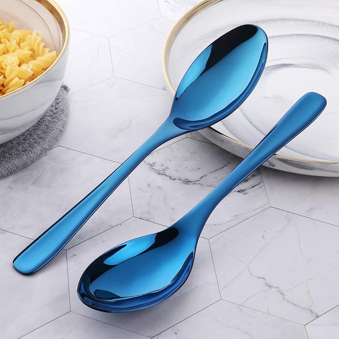 Buffet Serving Spoons, Stainless Steel 10 Inch Blue Plated Server Set of 2, Large Salad Serverware Utensils, Dishwasher Safe