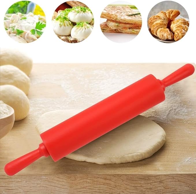 Rolling Pin for Baking, 12 Inch Non-Stick Silicone Handle Rolling Pin for Kitchen Pizza, Bread, French Fondant, Dough, Pie Cookie(red)