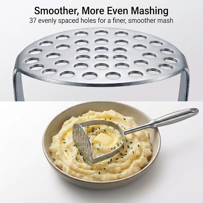 Potato Masher, Heavy Duty 304 Stainless Steel Potato Masher, One-Piece 37-Hole Plate for Smooth Mashing, Dishwasher Safe, Silicone Spatula Included