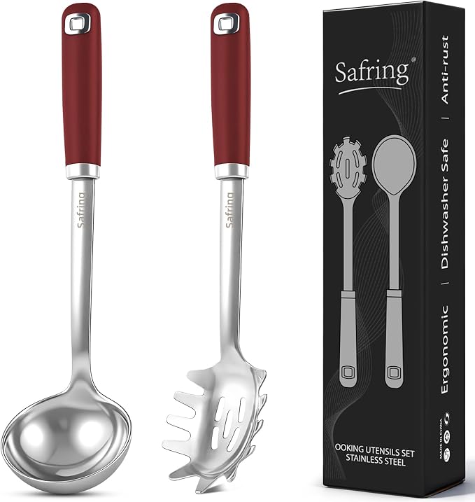 Safring Stainless Steel Soup Ladle and Spaghetti Spoon Set, Heat Resistant Rubber Handle, Dishwasher Safe, Kitchen Utensils for Cooking, Stirring, Serving Pasta, Soup & Sauce (Red)