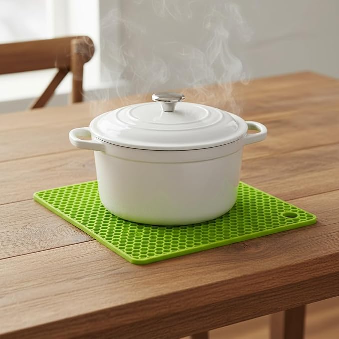 6-Pack Silicone Trivet Mats, Heat Resistant Hot Pads, Dishwasher Safe Kitchen Mats, BPA-Free Pot Holders for Table, Countertop, Stove, Honeycomb Design (Green, 7" Square)
