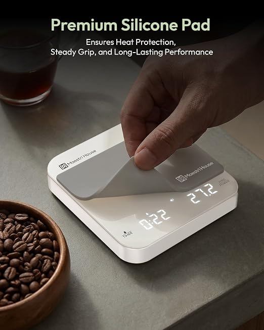 Maestri House S2 Espresso Coffee Scale with Timer 0.1g Precision Shot Scale | USB-C Rechargeable, Dual Timing Modes, 2kg/0.1g Digital Scale with Borosilicate Glass Top for Espresso and Pour-Over Brewing