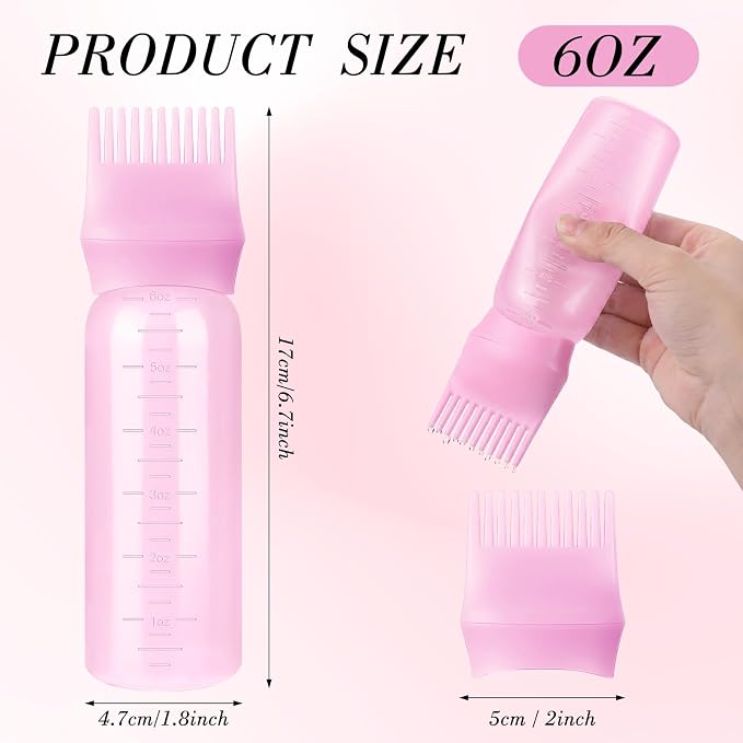 Pimoys 2Pcs 6Oz Root Comb Hair Dye Oil Applicator Bottles For Scalp | Pink White, Plastic Squeeze Bottle Dispenser with Graduated Scale, Comb Tip Applicator For Hair Coloring Oiling Home Salon