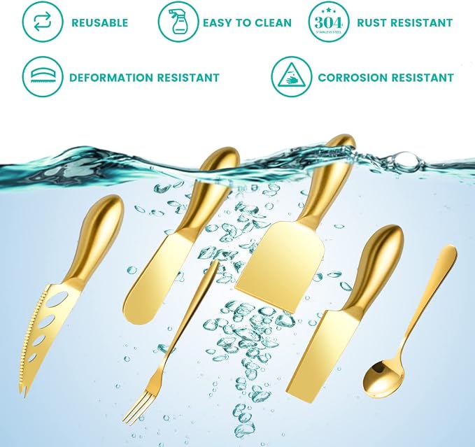 LifeMusican Gold Cheese Knife Set For Charcuterie Board Accessories, Stainless Steel Cheese Slicer And Butter Spreader knives Kit With Serving Tongs, Spoons, Forks, Flags Cheese Markers, Honey Dipper
