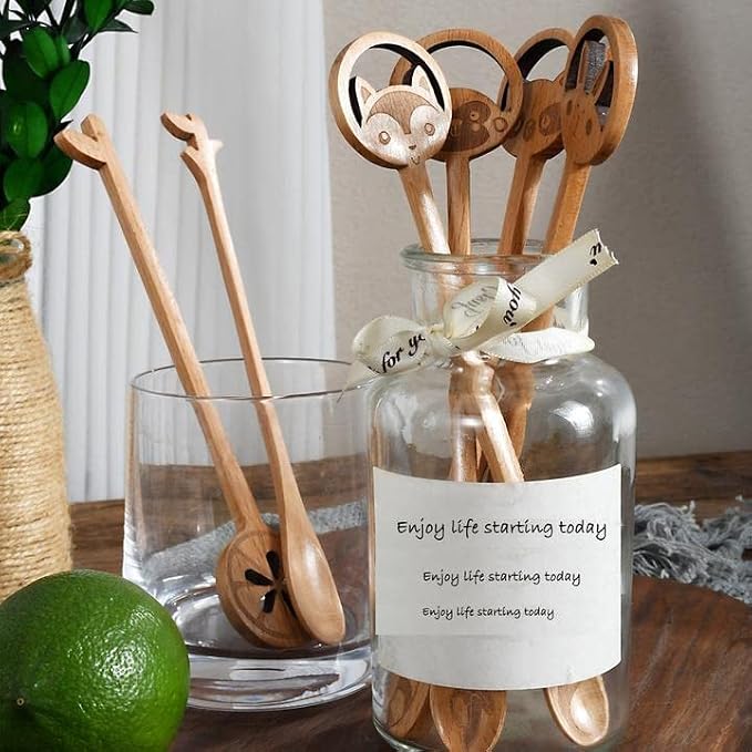6 Pack Wooden Spoons for Cooking Mixing Stirring Tasting Serving Tablespoon Coffee Tea Spoon Home Kitchen Server (Monkey Design)
