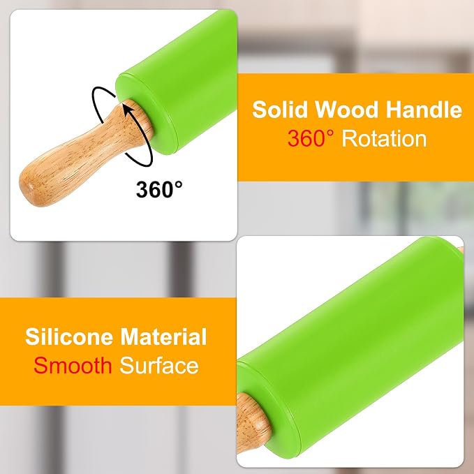 uxcell 4 Inch Silicone Rolling Pin, Small Dough Roller with Wood Handle for Pizza Pastry Fondant Kitchen, Green
