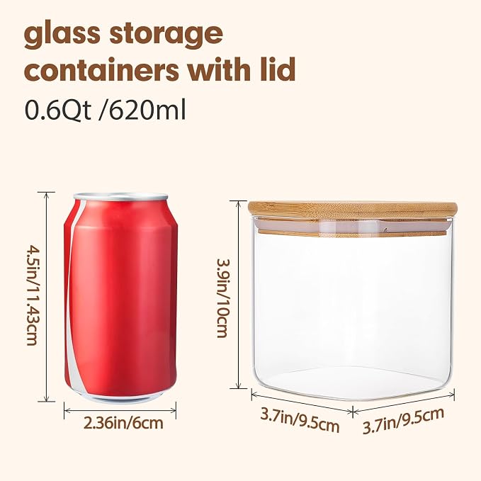 6pcs Glass Food Storage Containers with Bamboo Lids, 0.6qt Glass Jars | Square Airtight Pantry Storage Jars for Flour, Sugar, Dry Goods