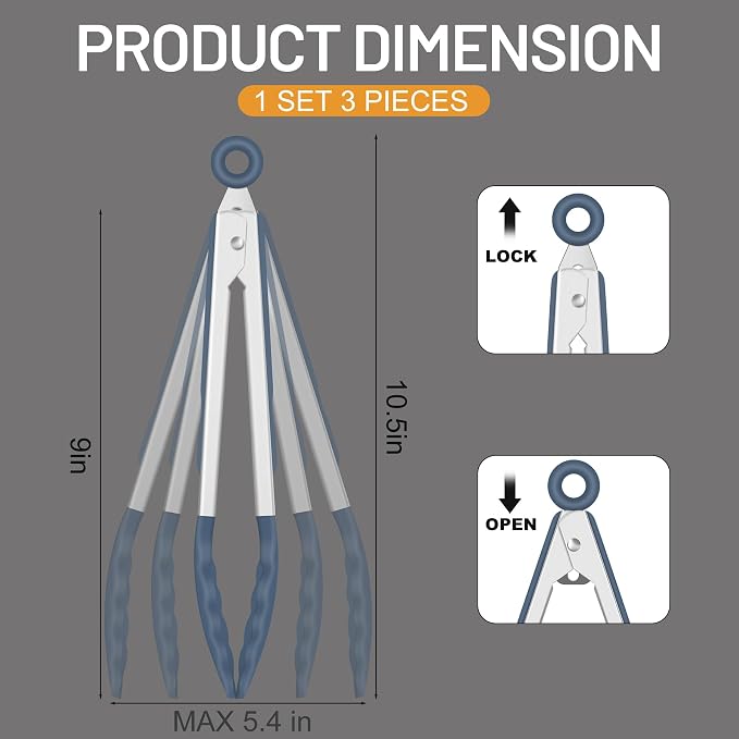 Hotec Silicone Kitchen Tongs for Cooking 9-Inch, Set of 3, Neutral | Serving Tongs with Silicone Tips, heat resistance 600°F, Durable Spring Locking Mechanism