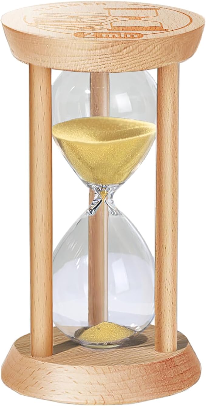 Wooden Sand Timers 2 Minute Hourglass,Stunning Glass Mini Sand Clock for Productivity, Meditation & Decor, 2 Min Small Reloj De Arena for Kitchen, Game, Classroom, Toothbrush (Gold)