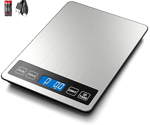 Fuzion Food Scale, 22lb/0.1oz Digital Kitchen Scale - 7 Units, Tare & PCS | Rechargeable Power, Tempered Glass & Stainless Steel - Digital Food Scale Grams and Ounces for Weight Loss, Baking, Cooking