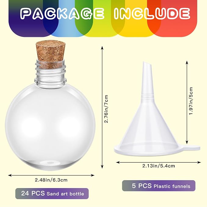 Layhit 24 Pcs Spherical Plastic Potion Bottles Ball Shape Round Bottles 3.4 oz Sand Art Jar with 5 Funnels Decorative ‌container Candy Jar for Valentines Birthday DIY Crafts(Brown,Cork Stopper)