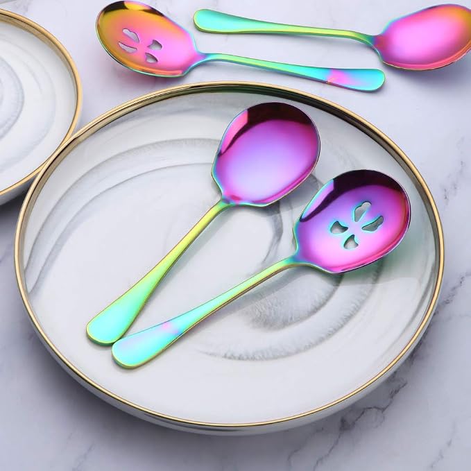 Serving Spoons Set, 3 Serving Spoons and 3 Slotted Serving Spoons, Rainbow Stainless Steel Serving Utensils for Buffet Can Banquet Cooking Kitchen - Mirror Polished