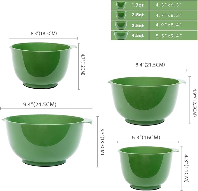 BoxedHome Classic Mixing Bowls Set of 4, BPA Free Plastic Microwave Safe | 4.5, 3.5, 2.5 and 1.7 QT, Non-slip Base Large Non-toxic Nesting Bowl with Pour Spout, Dishwasher Safe, for Prep, Cooking