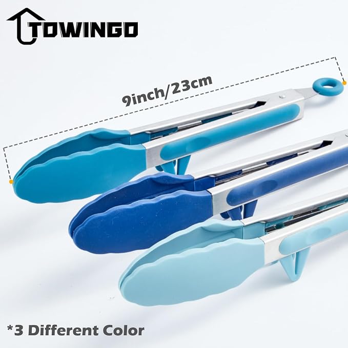 9" Kitchen Tongs, 3Pcs Tongs for Cooking with Silicone Tips, Food Grade Small Silicone Tong, Mini Serving Tong for BBQ Salad(Gradient Blue)