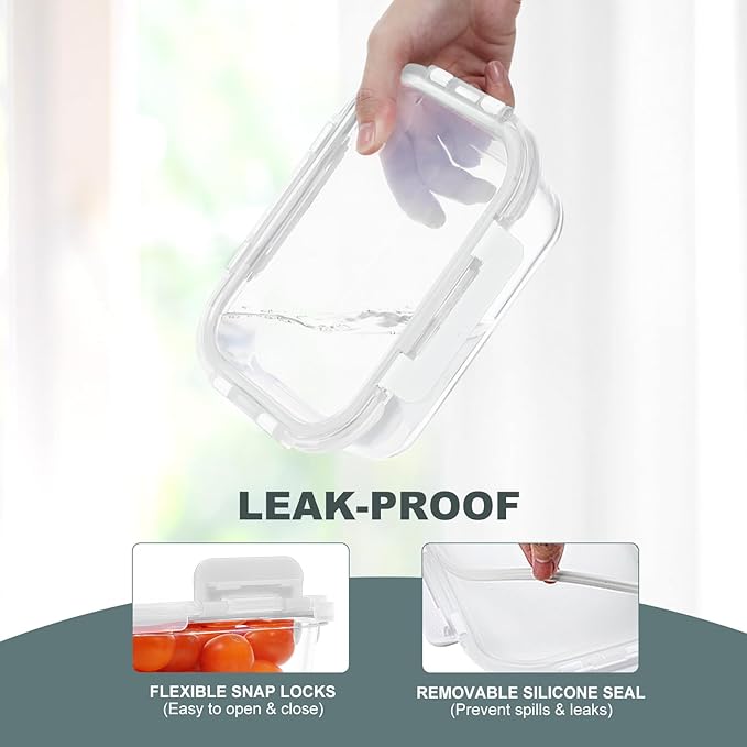10 Pack Glass Food Storage Containers with Lids, White | Meal Prep Containers Set, Airtight Glass Lunch Boxes, BPA-Free, Freezer, Oven, and Microwave Safe