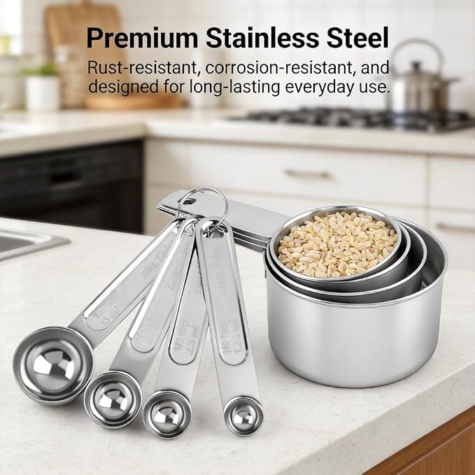 Measuring Cup and Magnetic Measuring Spoons Set, 8 Stainless Steel Nesting Measuring Cup & 8 Double Sided Stackable Magnetic Measuring Spoons & 1 Leveler for Cooking Dry & Liquid Ingredients