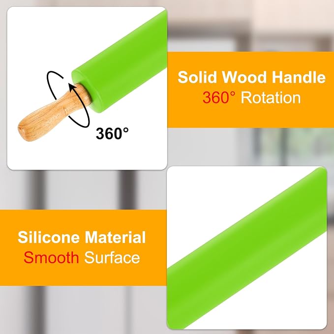uxcell 6.7 Inch Silicone Rolling Pin and Pastry Baking Mat Set Small Dough Roller with Wood Handle for Pizza Pastry Fondant Home Kitchen, Green