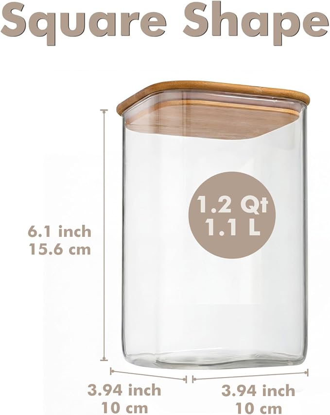 4-Pack 1.2Qt Square Glass Storage Jars with Bamboo Lids | Minimalist Kitchen Organizer,Pantry Storage Container,Food Storage Container,Scandinavian Style Storage,Nordic Style Storage