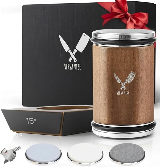Rolling Knife Sharpener Kit – Cylindrical 360° Even-Edge Sharpening, 4 Angles (15°/17°/20°/22°), 3-Stage 360 Diamond, 1000 Ceramic & 600 Corundum Discs – Professional Kitchen Knife Sharpening System
