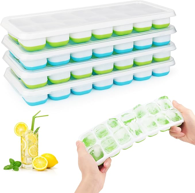 Set of 4 Silicone Ice Cube Trays with Lids, RISVOWO Stackable Ice Cube Mould, LFGB Certified and BPA Free, Reusable Ice Cube Mould for Whisky, Cocktail, Ice Cream, Freezer, Beverages
