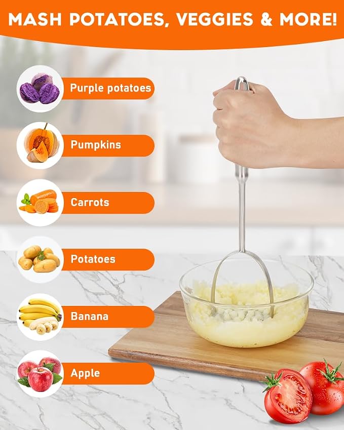 Brigii Potato Masher, Dual-Arc Stainless Steel Potato Press with Non-Slip Handle, 37-Hole One-Piece Masher for Smooth, Lump-Free Mashing, Dishwasher Safe