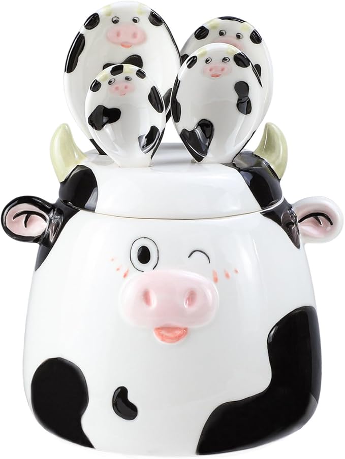 Ceramic Cow Pattern Measuring Spoons Set for Dry or Liquid with Measuring Cup Set, 4 PCS Kitchen Measuring Baking Spoons Cooking Measuring Spoons for Kitchen Baking Tool Utensil Set
