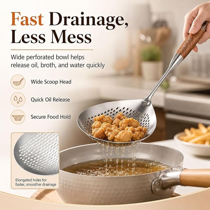 Wooden Handle Stainless Steel Skimmer, 16.8 Inch Metal Slotted Frying Spoon Spider Strainer for Deep Frying, Deep Fryer Scoop Ladle Kitchen Cooking Colander with Walnut Wood Handle(2pc)