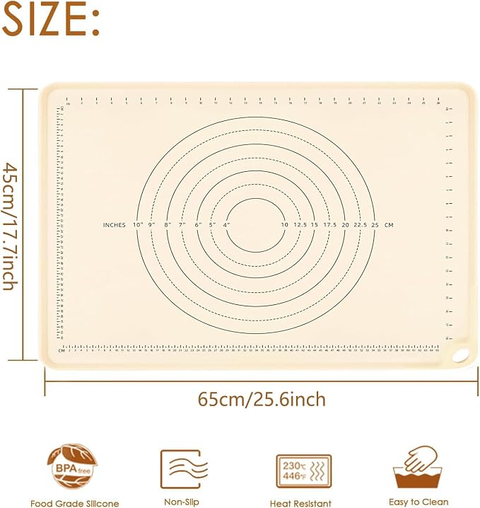 Silicone Pastry Mat 26" x 18"Extra Thick Silicone Baking Mat Pastry Mat with Measurements Non-stick Baking Mat for Rolling Out Dough,Bread,Pie,Cookies,Pizza,Fondant,Sourdough