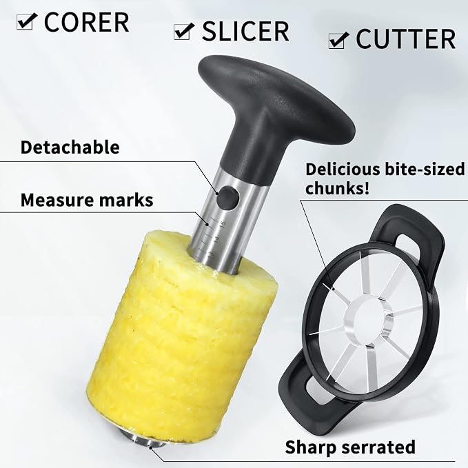 Newness Pineapple Corer and Slicer Tool, Robust Pineapple Core Remover with Upgraded Cutter & Reinforced Thicker Blade, Stainless Steel Kitchen Fruit Gadget for Diced Pineapple Rings (Black)