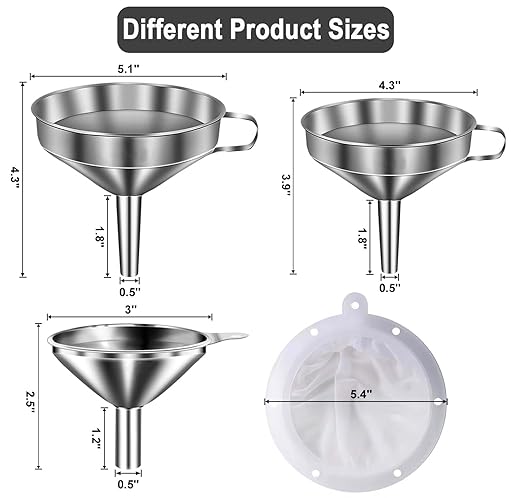 Stainless Steel Funnels for Kitchen use,3PCS Kitchen Metal Funnel with 2 Removable Strainer,Cleaning Brush,200 Mesh Food Filter,Funnel for Filling Bottles,for Transferring of Liquid,Oils,Jam