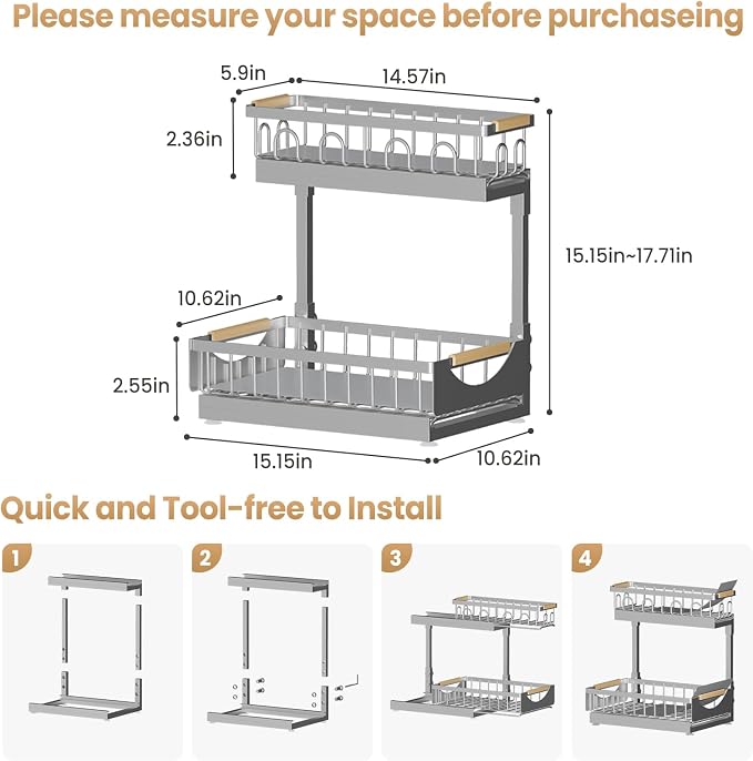 Under Sink Organizer and Storage for Bathroom and Kitchen - 2 Pack 2 Tier | Cabinet Pull Out Shelf Organizers - Slide Out Drawer Organization for Home Cabinets Shelves and Drawers