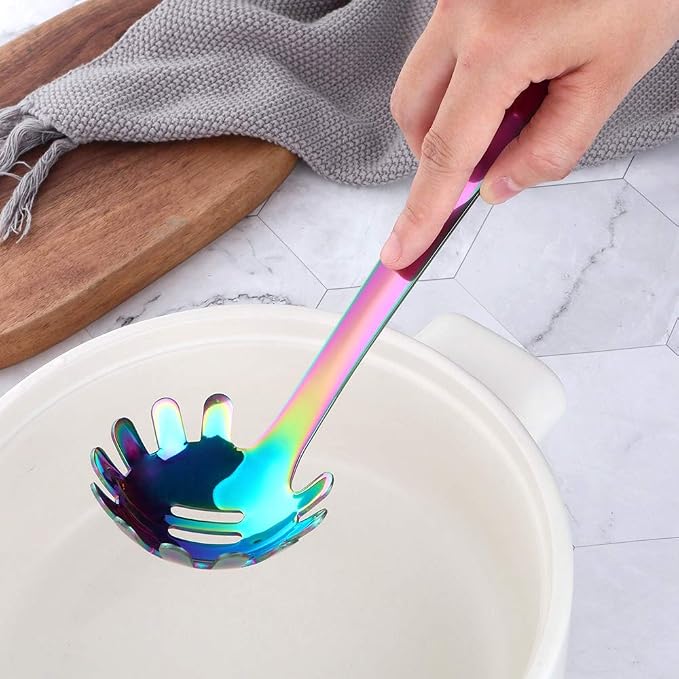 BuyGo Rainbow Spaghetti Server, Stainless Steel Pasta Fork with Flat Handle, Metal Pasta Server for Kitchen or Restaurant, 11.81 inches Length