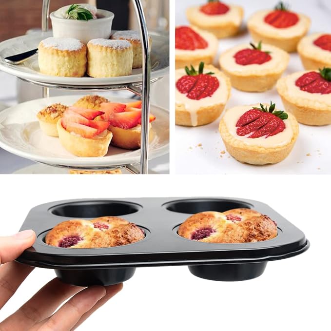 4 Cup Muffin Pan for Oven Baking, Carbon Steel Cupcake Baking Pan Nonstick Round Mini Muffin Tin Pie Pans Cake Mold for Making Muffins Cupcakes Frittatas Tarts Pudding(Black 1 pc)