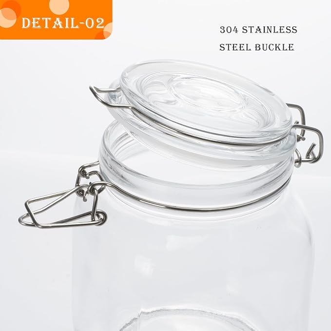 34oz Square Glass Food Storage Jars with Airtight Clamp Lids 3 Pack | Small Kitchen Canisters for Flour, Cereal, Coffee, Pasta, Pickling and Canning, Mason Jar Wide Mouth