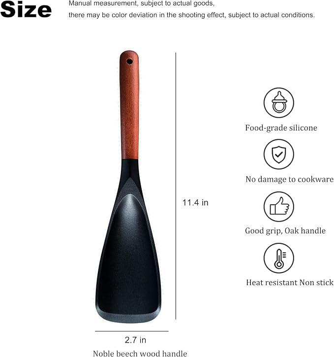 Spatula Spoon and Rice Spoons with Wooden Handle, Food Grade Silicone Great for Cooking, Mixing, Scooper, Scrape, Non stick Heat Resistant (black, cooking set 1 pcs)