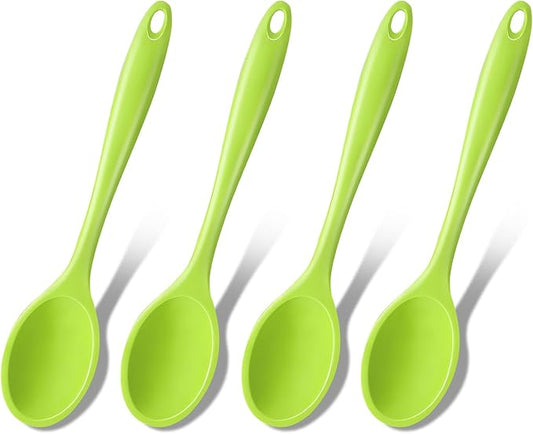 GEEKHOM Silicone Cooking Spoons, 4 Pieces 8" Heat Resistant Silicone Kitchen Utensils Set Serving Stirring Spoons for Non Stick Cooking, Mixing, Basting, Baking, Green