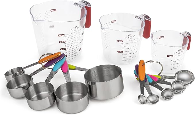 Elitra Home Complete Measuring Set, 13-Pack Stainless Steel Cups, Spoons, Plastic Measuring Pitchers with Spout - Engraved Measurements, Non-Slip Handles - Cooking & Baking Essentials | 13-Piece Measuring Set, 304 Stainless Steel Cups & Spoons, Engrave...