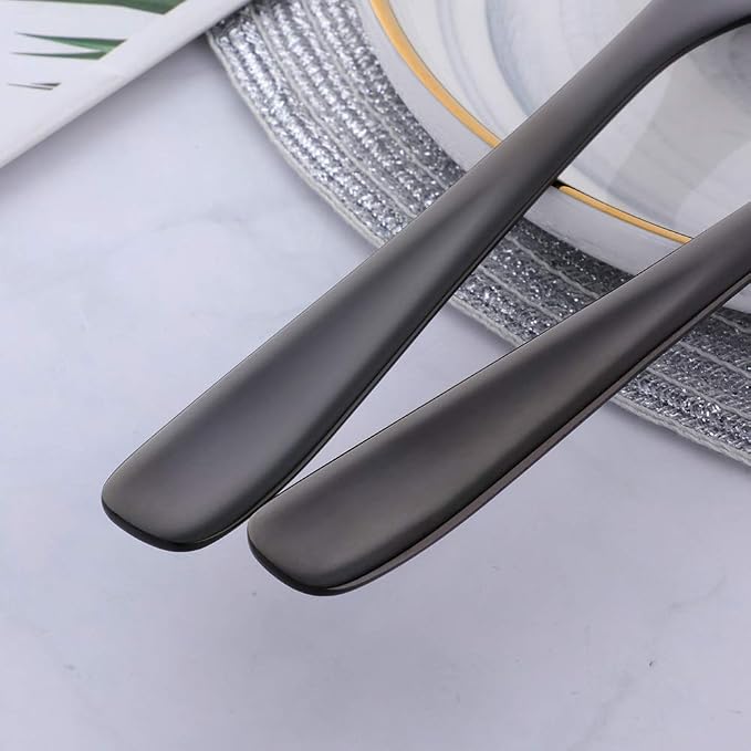 Long Handle Serving Set, 10 inch Stainless Steel Polished Serving Spoon, Fork, Slotted Spoons, Set of 3 (Black)