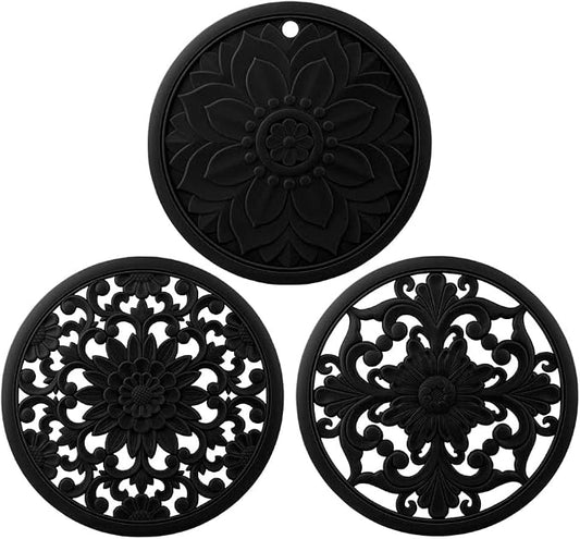 Black Silicone Trivets for Hot Dishes, Pots & Pans, Round Hot Pads for Kitchen, Silicon Trivet for Table Tops, Silicone Pot Holder for Countertops, Heat Resistant Mat Set 3