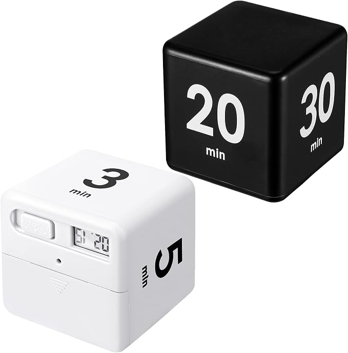 Weewooday 2 Pieces Cube Productivity Timer Flip Gravity Sensor Flip Countdown Countup Workout Timer Management 1 3 5 10 Minutes and 15 20 30 60 Minutes for Back to School Work Kitchen(White, Black)