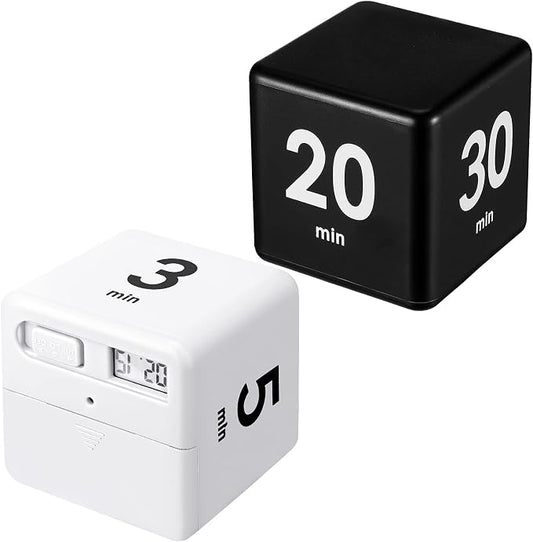 Weewooday 2 Pieces Cube Productivity Timer Flip Gravity Sensor Flip Countdown Countup Workout Timer Management 1 3 5 10 Minutes and 15 20 30 60 Minutes for Back to School Work Kitchen(White, Black)